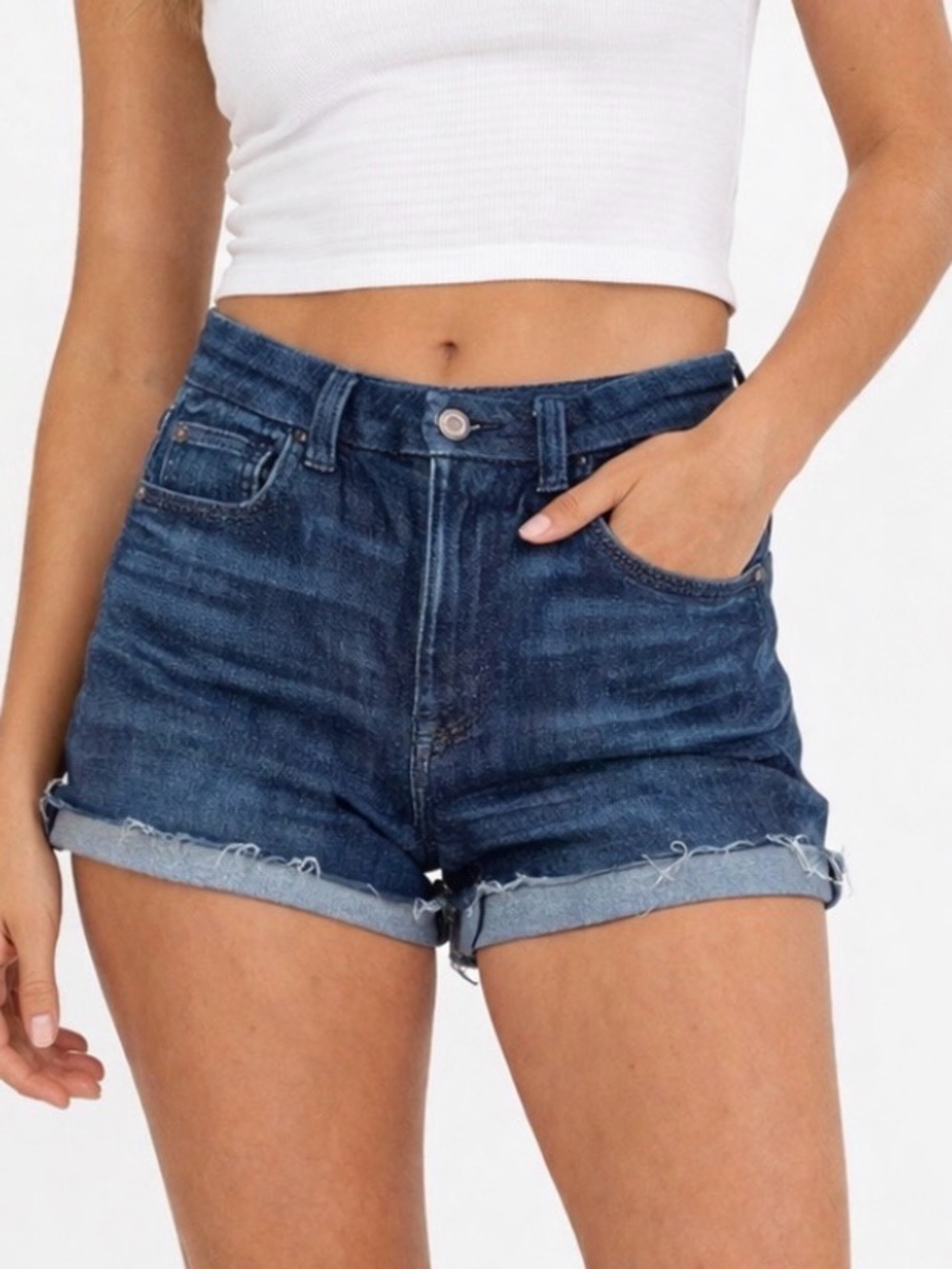 American Eagle Next level stretch dark denim cut off jean shorts SZ 4